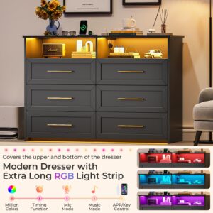 MSmask Black Dresser with LED Lights and Charging Station, Chest of 6 Drawers for Bedroom, Double Dressers with Open Storage, Closet Organizer for Bedroom, Living Room, Entryway