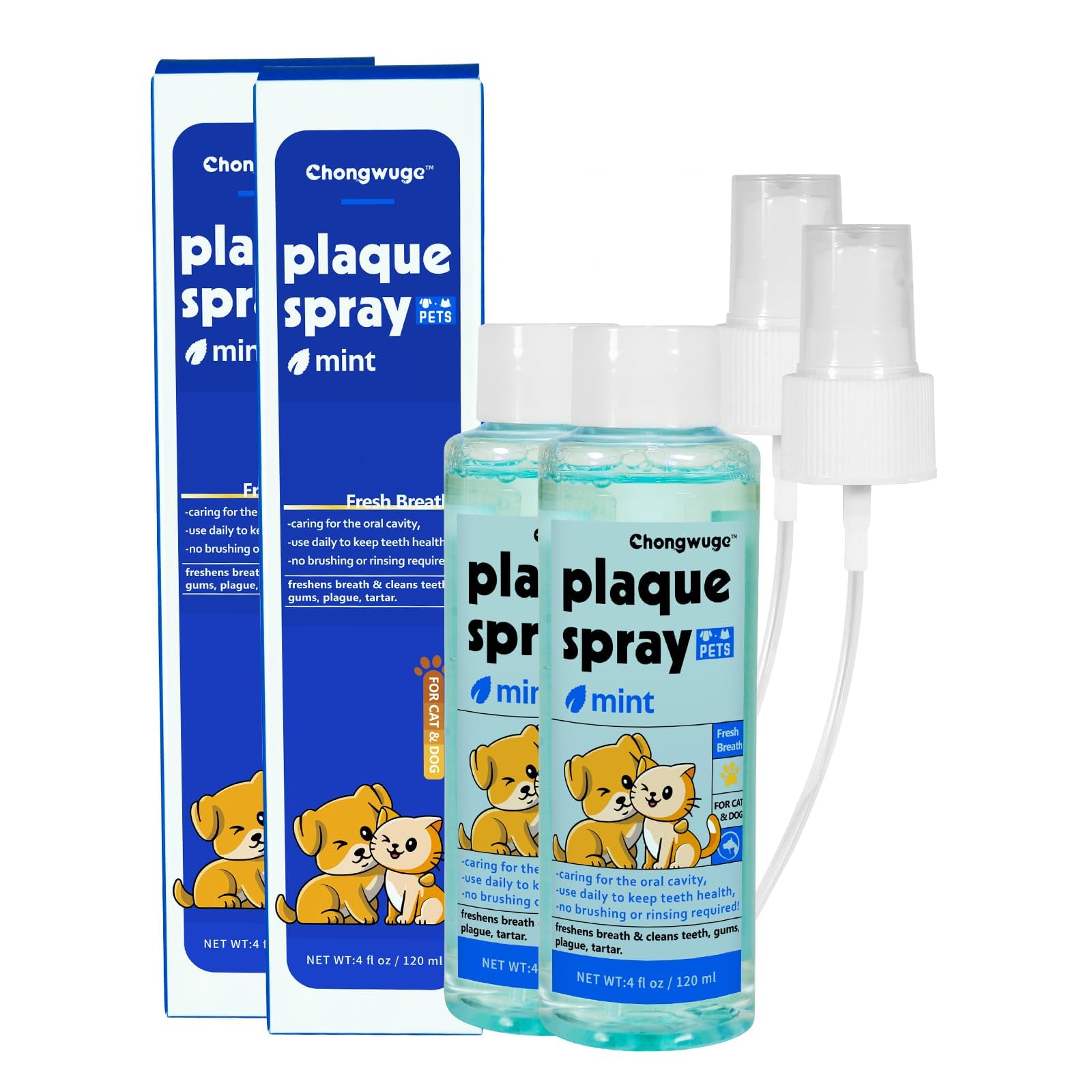 Chongwuge Pets Dental Spary for Dogs & Cats, Freshens Breath, Cleaning Plaque and Tartar, Safe and Edible, Easy Use, Pack of 2, 8 fl oz