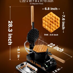 PYY Bubble Waffle Maker - Commercial Egg Puff Waffle Iron Machine, 1500W 122-482℉ Electric Stainless Steel Hong Kong, 30 Egg Cones | 180° Rotating| Black Non-stick Coating | Crumb Tray | Wooden Handle