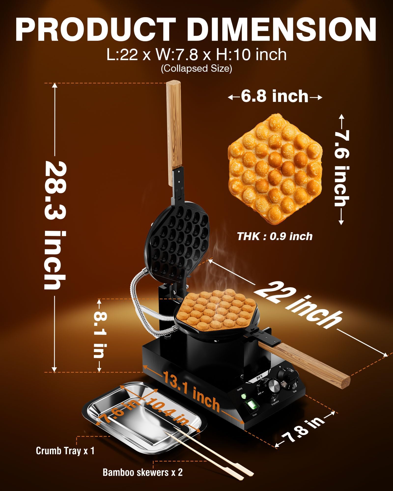 PYY Bubble Waffle Maker - Commercial Egg Puff Waffle Iron Machine, 1500W 122-482℉ Electric Stainless Steel Hong Kong, 30 Egg Cones | 180° Rotating| Black Non-stick Coating | Crumb Tray | Wooden Handle