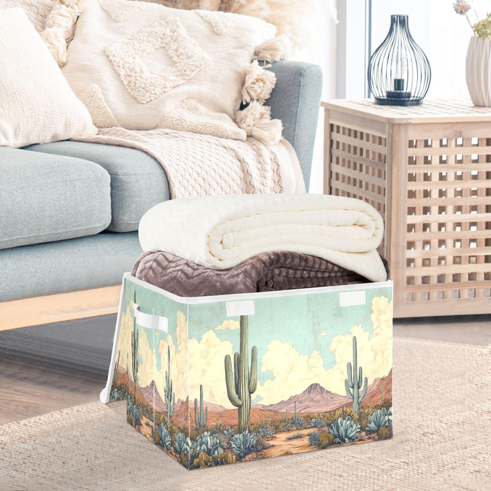 STAYTOP Cactus Collapsible Storage Bin with Lid,Decorative Storage Box Cube Organizer Container Storage Baskets for Bedroom Closet Living Room