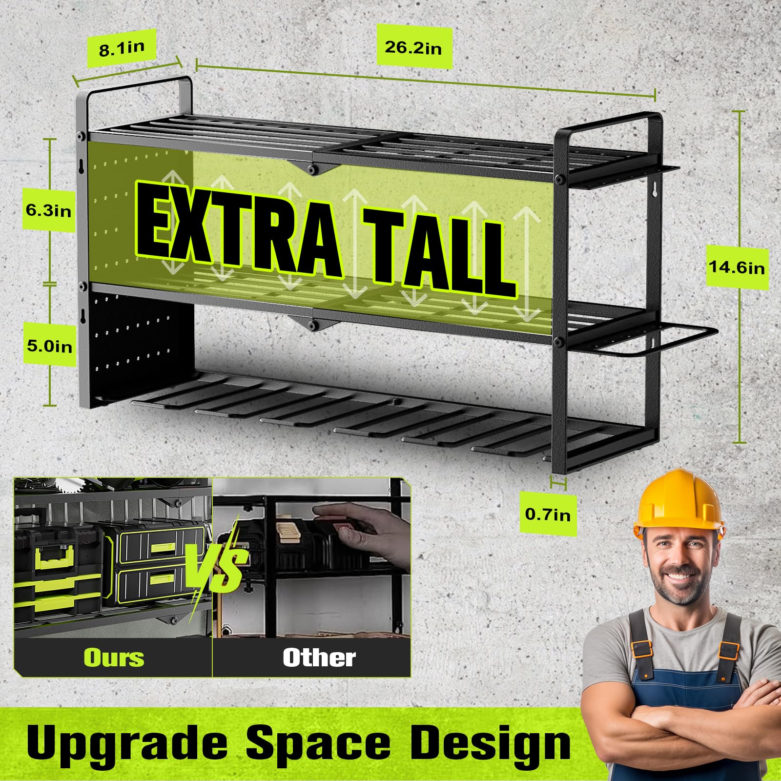 Power Tool Organizer Wall Mount With Pegboard - 7 Drill Holder - Garage Organization Storage Rack For Cordless Tool - Heavy Duty Metal Tool Shelf