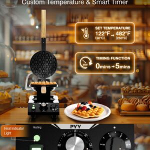 PYY Bubble Waffle Maker - Commercial Egg Puff Waffle Iron Machine, 1500W 122-482℉ Electric Stainless Steel Hong Kong, 30 Egg Cones | 180° Rotating| Black Non-stick Coating | Crumb Tray | Wooden Handle