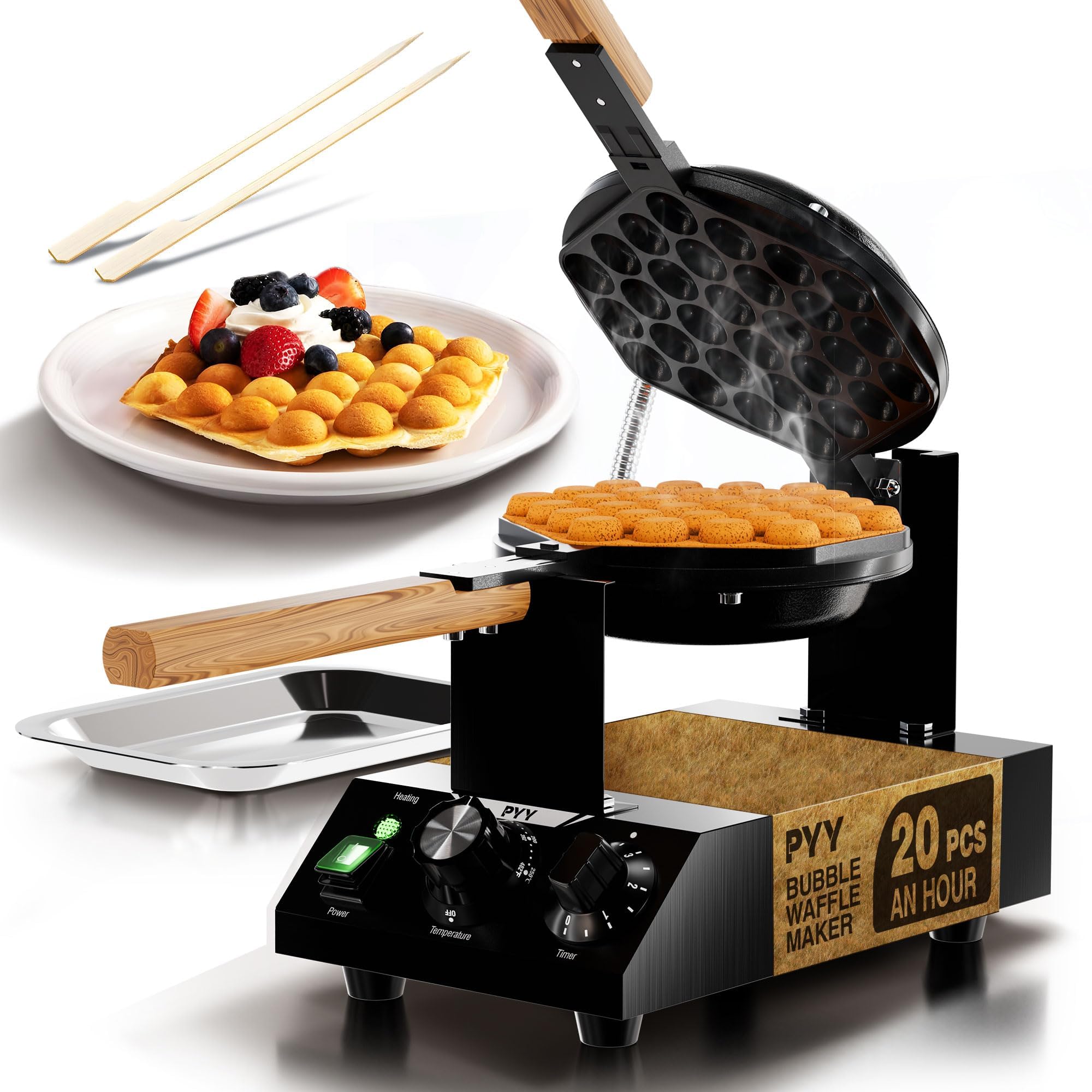 PYY Bubble Waffle Maker - Commercial Egg Puff Waffle Iron Machine, 1500W 122-482℉ Electric Stainless Steel Hong Kong, 30 Egg Cones | 180° Rotating| Black Non-stick Coating | Crumb Tray | Wooden Handle