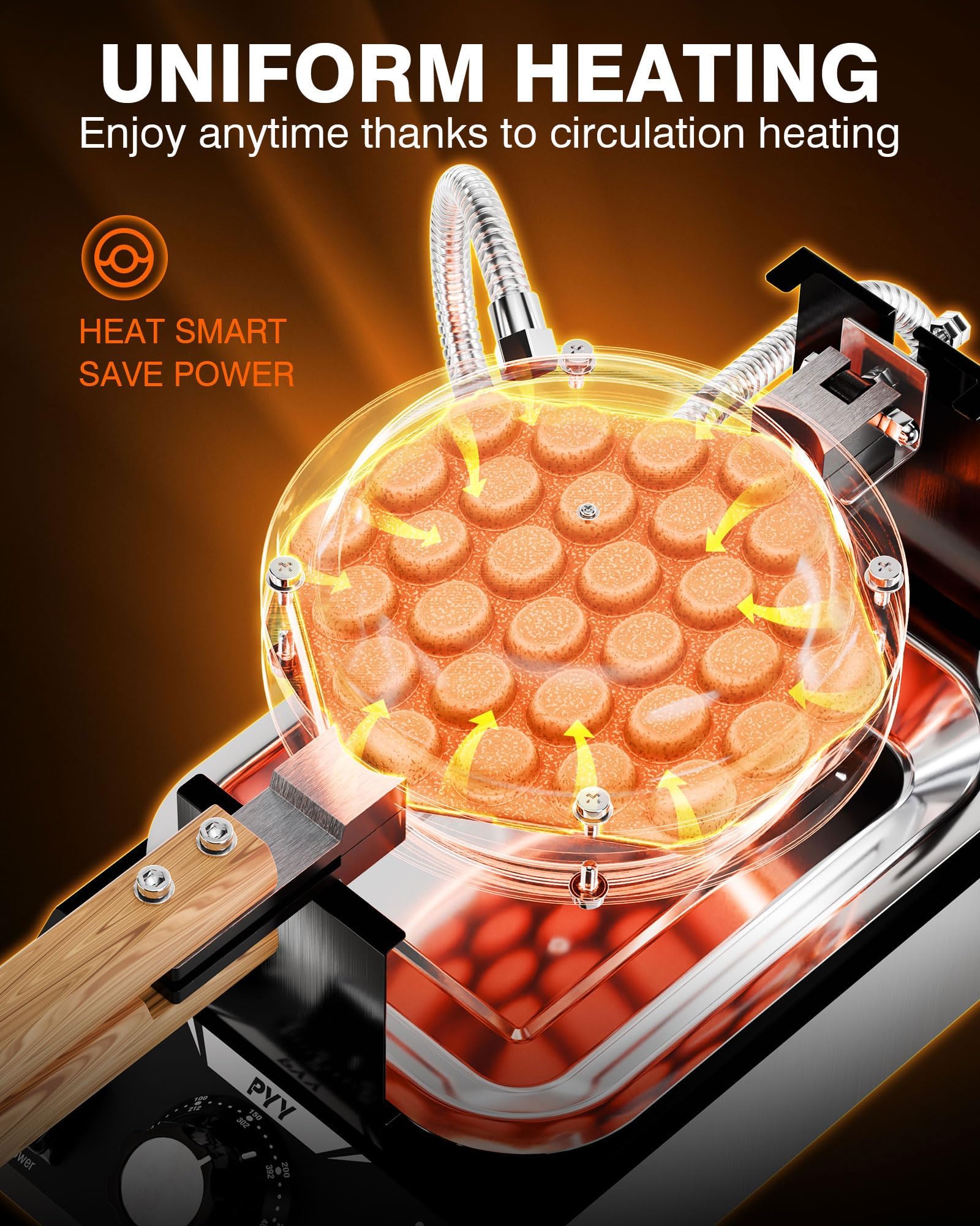 PYY Bubble Waffle Maker - Commercial Egg Puff Waffle Iron Machine, 1500W 122-482℉ Electric Stainless Steel Hong Kong, 30 Egg Cones | 180° Rotating| Black Non-stick Coating | Crumb Tray | Wooden Handle