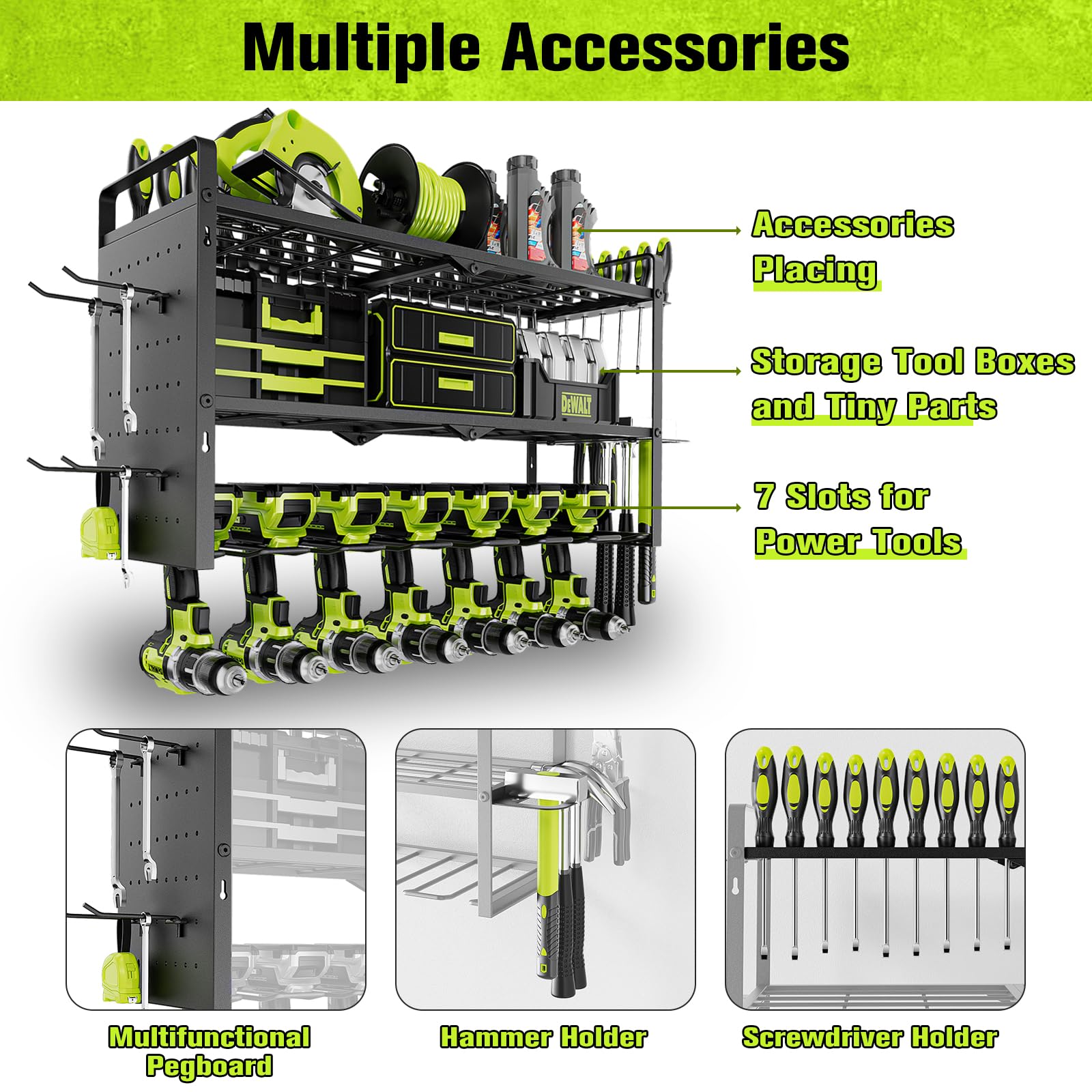 Power Tool Organizer Wall Mount With Pegboard - 7 Drill Holder - Garage Organization Storage Rack For Cordless Tool - Heavy Duty Metal Tool Shelf