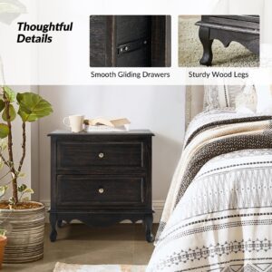 HULALA HOME Wood Nightstands Set of 2 with Charging Station Space, Bedside Tables 2 Drawer Dressers with Drawer and Wooden Legs, French Storages End Tables for Bedroom Living Room, Charcoal