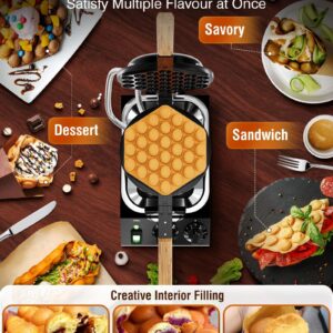 PYY Bubble Waffle Maker - Commercial Egg Puff Waffle Iron Machine, 1500W 122-482℉ Electric Stainless Steel Hong Kong, 30 Egg Cones | 180° Rotating| Black Non-stick Coating | Crumb Tray | Wooden Handle