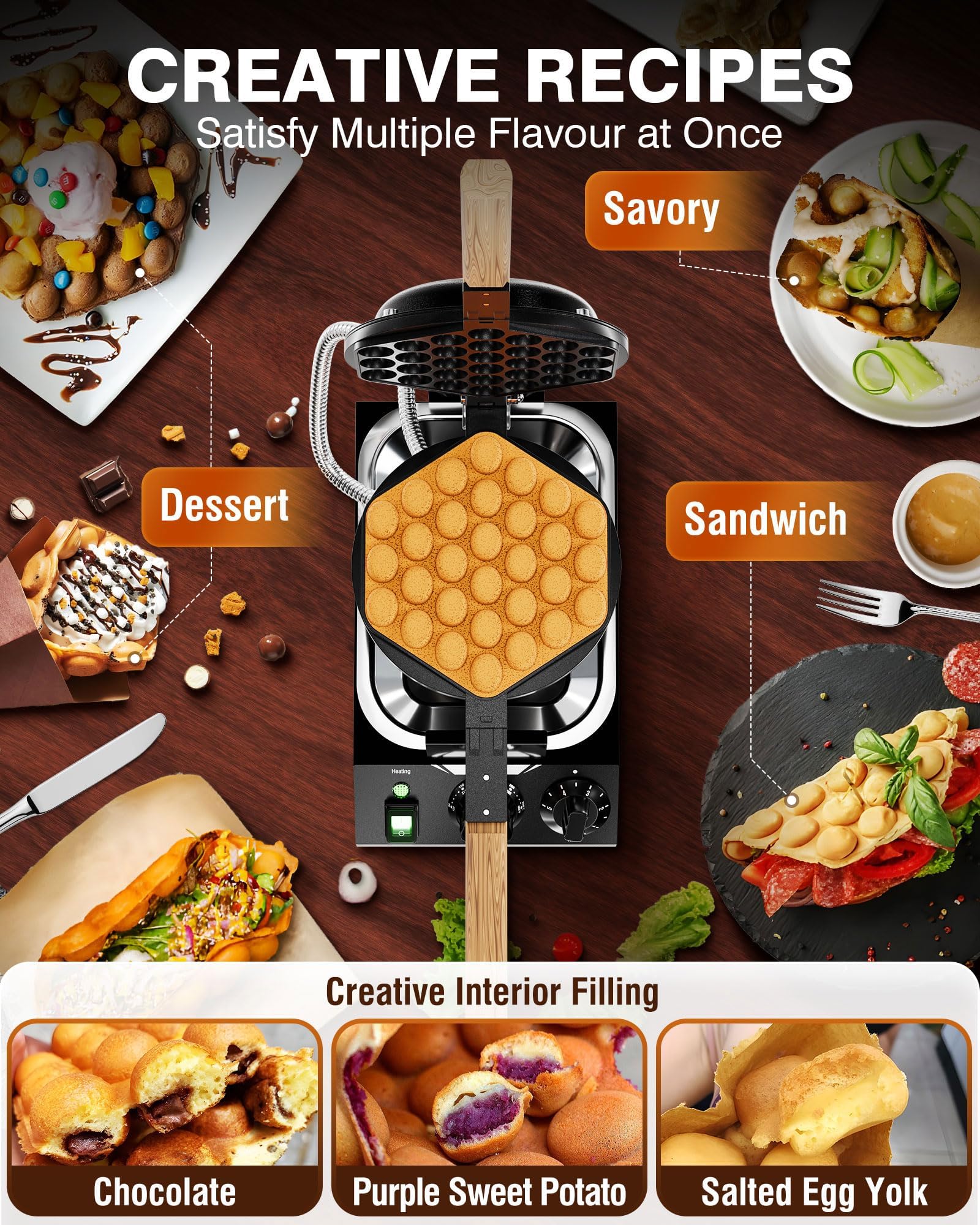 PYY Bubble Waffle Maker - Commercial Egg Puff Waffle Iron Machine, 1500W 122-482℉ Electric Stainless Steel Hong Kong, 30 Egg Cones | 180° Rotating| Black Non-stick Coating | Crumb Tray | Wooden Handle