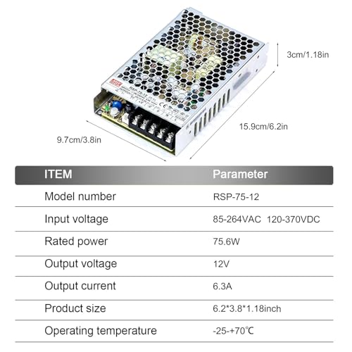 TorqCali RSP-75-12 75W Single Output PFC Function Power Supply 12V Constant Voltage for Industrial Automation, Building Automation, and RF Devices