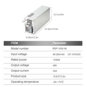 TorqCali RSP-1500-48 48V 1500W Single Output Power Supply with PFC Function, Constant Voltage, IP67 Protection, for Industrial Automation, Telecommunications, and Renewable Energy Systems