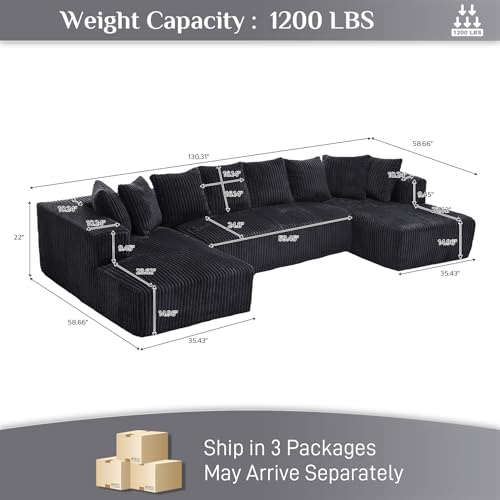 ONEMMLION 131" Modular Sectional Couch, Luxury Couches for Living Room, Comfy Corduroy Couch Sectional Sofa with Double Chaise Lounge, Free Combination Sleeper Sofa with Memory Foam, Black