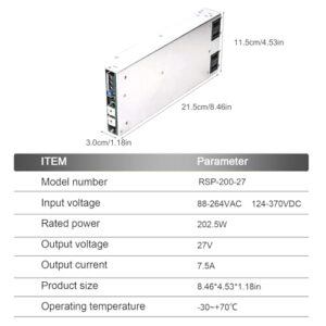 TorqCali RSP-200-27 200W Single Output Power Supply 27V 7.4A Constant Current with PFC, Enclosed Type for Industrial Machinery, Automation Control, and Test Equipment