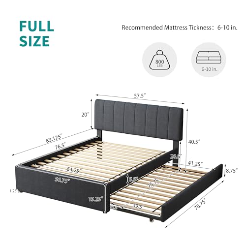 YOPTO Full Size Upholstered Platform Bed with Twin Size Trundle & USB Port,Linen Tufted Bed Frame W/Remote Control LED Light & Stripe Headboard,Wood Slats Support for Bedroom,Apartment,Dark Gray