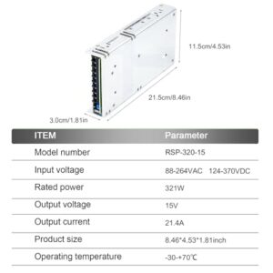 TorqCali RSP-320-15 320W Single Output Power Supply 15V 21.3A Constant Current with PFC, 88-264VAC Input, for Industrial Automation, Test Systems, and Battery Charging