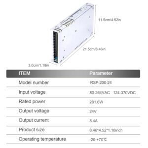 TorqCali RSP-200-24 200W Single Output Power Supply 24V 8.3A Constant Current with PFC, Enclosed Type for Industrial Automation, Security Systems, and Telecommunications