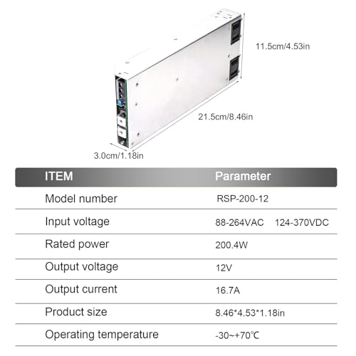 TorqCali RSP-200-12 200W Single Output Power Supply 12V 16.7A Constant Current with PFC, Enclosed Type for Industrial Automation Systems, Robotics, and LED Lighting