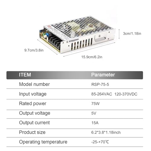 TorqCali RSP-75-5 75W Single Output PFC Function Power Supply 5V Constant Voltage for Industrial Automation, Test Equipment, and Electronics Manufacturing