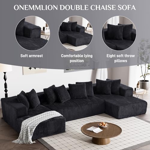 ONEMMLION 131" Modular Sectional Couch, Luxury Couches for Living Room, Comfy Corduroy Couch Sectional Sofa with Double Chaise Lounge, Free Combination Sleeper Sofa with Memory Foam, Black