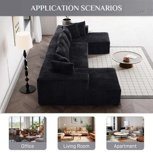 ONEMMLION 131" Modular Sectional Couch, Luxury Couches for Living Room, Comfy Corduroy Couch Sectional Sofa with Double Chaise Lounge, Free Combination Sleeper Sofa with Memory Foam, Black