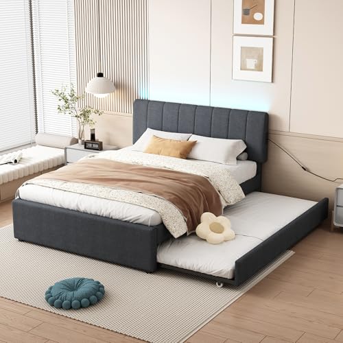 YOPTO Full Size Upholstered Platform Bed with Twin Size Trundle & USB Port,Linen Tufted Bed Frame W/Remote Control LED Light & Stripe Headboard,Wood Slats Support for Bedroom,Apartment,Dark Gray