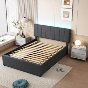 YOPTO Full Size Upholstered Platform Bed with Twin Size Trundle & USB Port,Linen Tufted Bed Frame W/Remote Control LED Light & Stripe Headboard,Wood Slats Support for Bedroom,Apartment,Dark Gray