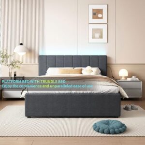 YOPTO Full Size Upholstered Platform Bed with Twin Size Trundle & USB Port,Linen Tufted Bed Frame W/Remote Control LED Light & Stripe Headboard,Wood Slats Support for Bedroom,Apartment,Dark Gray