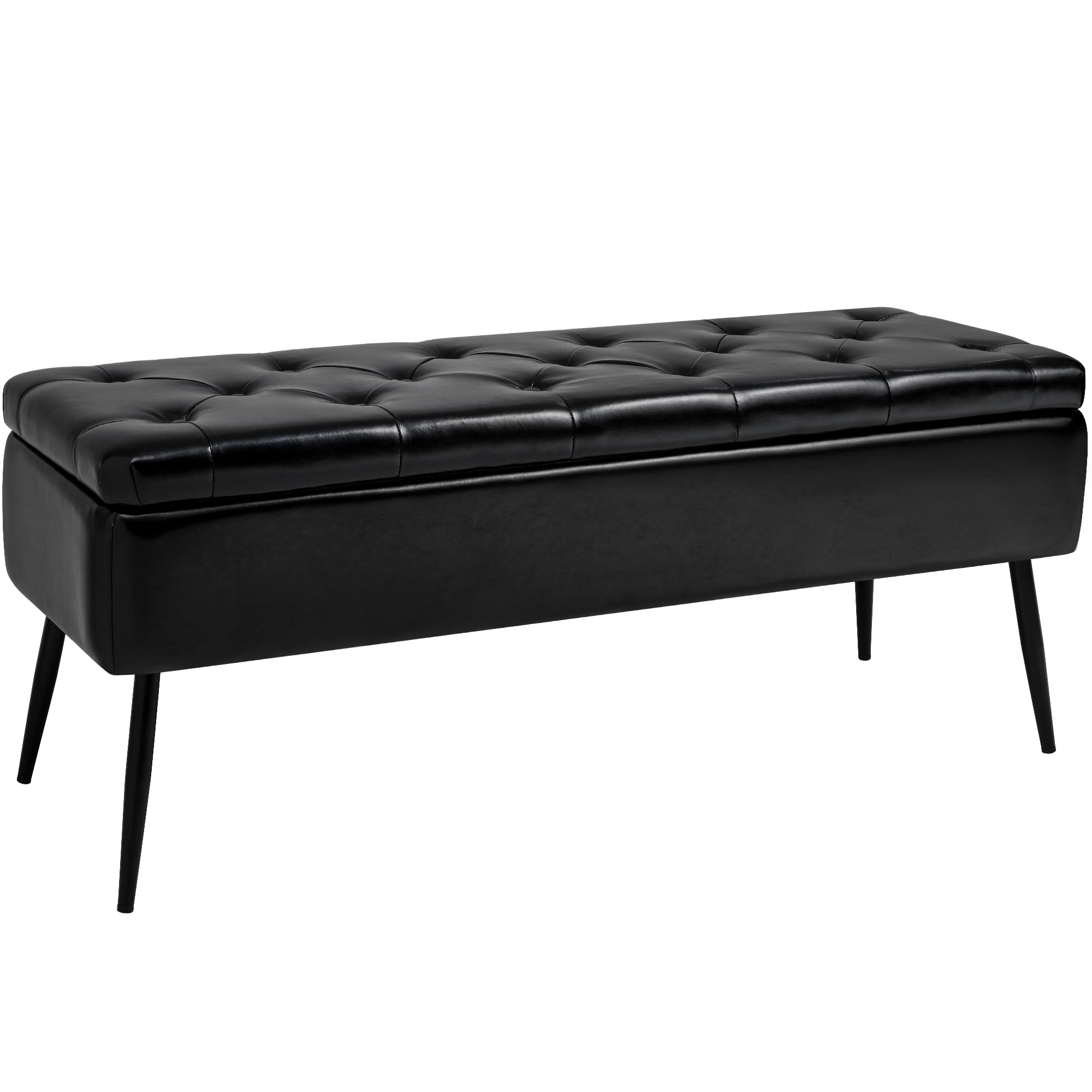 kinmars Leather Storage Ottoman Bench,End of Bed Bench for Living Room Bedroom Dinning Room Entryway,Mid-Century Modern, with Steel Legs,Safety Hinges, Loads 660 lb (with Button, Black)