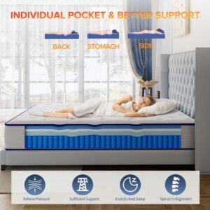 Erubry King Size Mattress, 10 Inch Medium Firm Hybrid Mattress with Individual Pocketed Springs and Gel Memory Foam, Enhance Edge Support, Motion Isolation, King Mattress in a Box