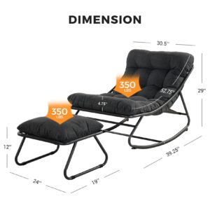 Grand patio Rocking Chair with Foot Stool, Metal Rocking Chair with Cushion and Foot Rest, Comfy Lounge Rocking Chair Outdoor Indoor, Great for Living Room Porch Patio, Dark Gray