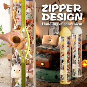 Bnmkt Stuffed Animal Storage Tube with Zipper and Lights, Rotation Vertical Toy Storage Tube with 360° Wheels, Toy Storage Tube, Clear Stuffed Animal Display Tube, Toy Tower Storage (White, 112cm)