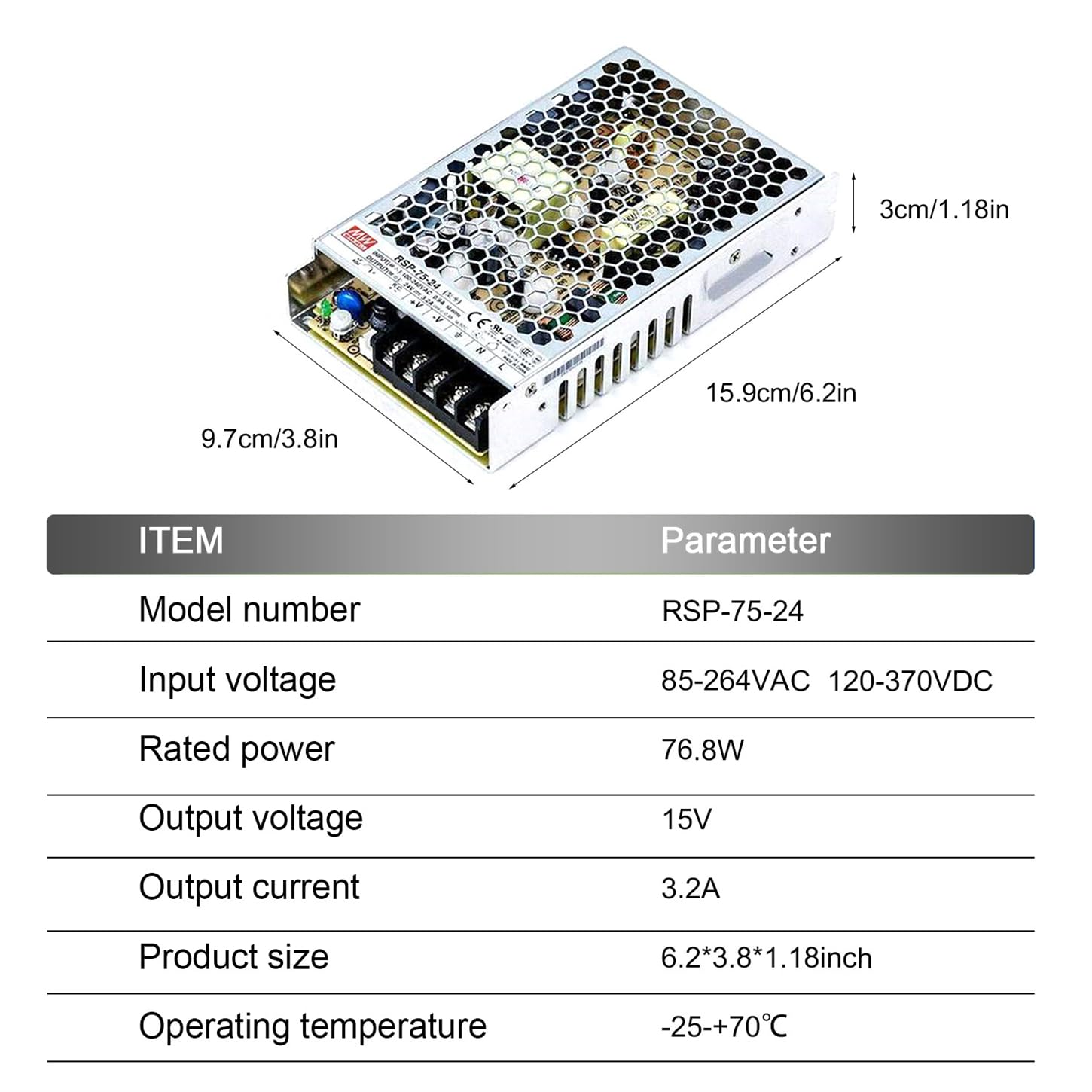 TorqCali RSP-75-24 75W Single Output PFC Function Power Supply 24V Constant Voltage for Industrial Automation, Building Automation, and Access Control Systems