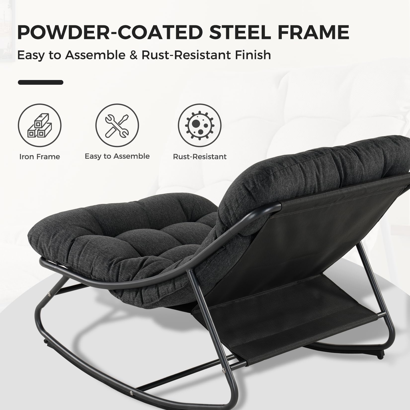 Grand patio Rocking Chair with Foot Stool, Metal Rocking Chair with Cushion and Foot Rest, Comfy Lounge Rocking Chair Outdoor Indoor, Great for Living Room Porch Patio, Dark Gray