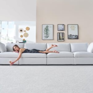 PaPaJet Modular Sectional Sofa, 114 Inches Oversized Down Filled Sectional Sofa, 4 Seats L Shaped Comfy Couch with Chaise, Ottoman, Could Sofa for Living Room, White Linen Couch Set