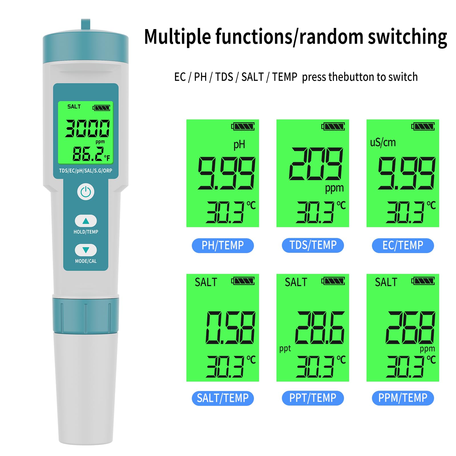 PH Meter TDS Meter 8 in 1 Digital Water Tester Pool Salt Tester Salinity, PH, TDS, EC, ORP, H2 and TDS Meter, PH Meter for Water with LCD Backlit Testing Kits for Swimming Pool,Saltwater, Sea Water