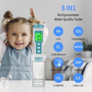 PH Meter TDS Meter 8 in 1 Digital Water Tester Pool Salt Tester Salinity, PH, TDS, EC, ORP, H2 and TDS Meter, PH Meter for Water with LCD Backlit Testing Kits for Swimming Pool,Saltwater, Sea Water