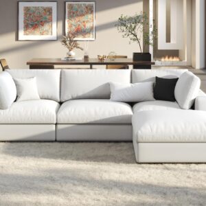 PaPaJet Modular Sectional Sofa, 114 Inches Oversized Down Filled Sectional Sofa, 4 Seats L Shaped Comfy Couch with Chaise, Ottoman, Could Sofa for Living Room, White Linen Couch Set