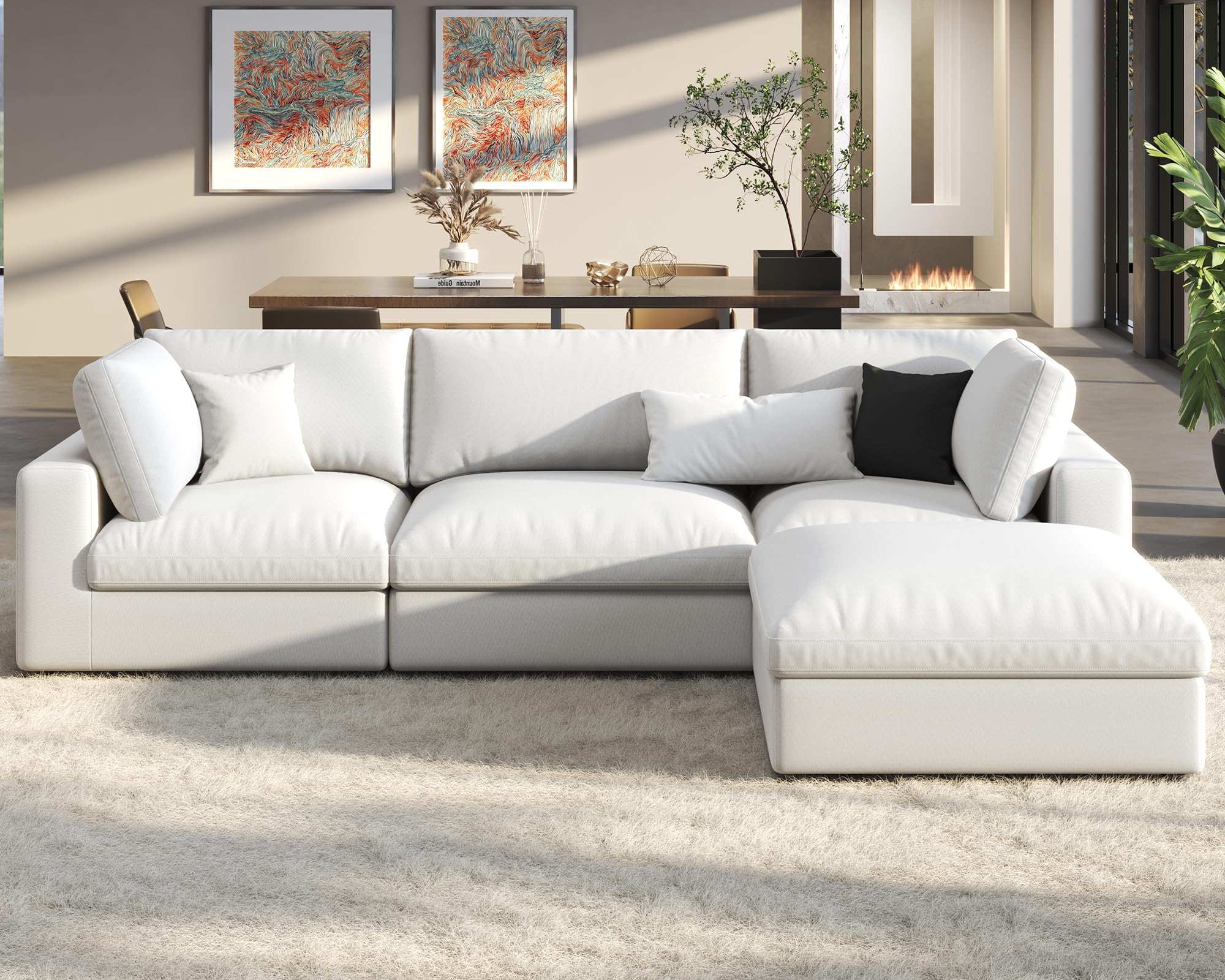 PaPaJet Modular Sectional Sofa, 114 Inches Oversized Down Filled Sectional Sofa, 4 Seats L Shaped Comfy Couch with Chaise, Ottoman, Could Sofa for Living Room, White Linen Couch Set