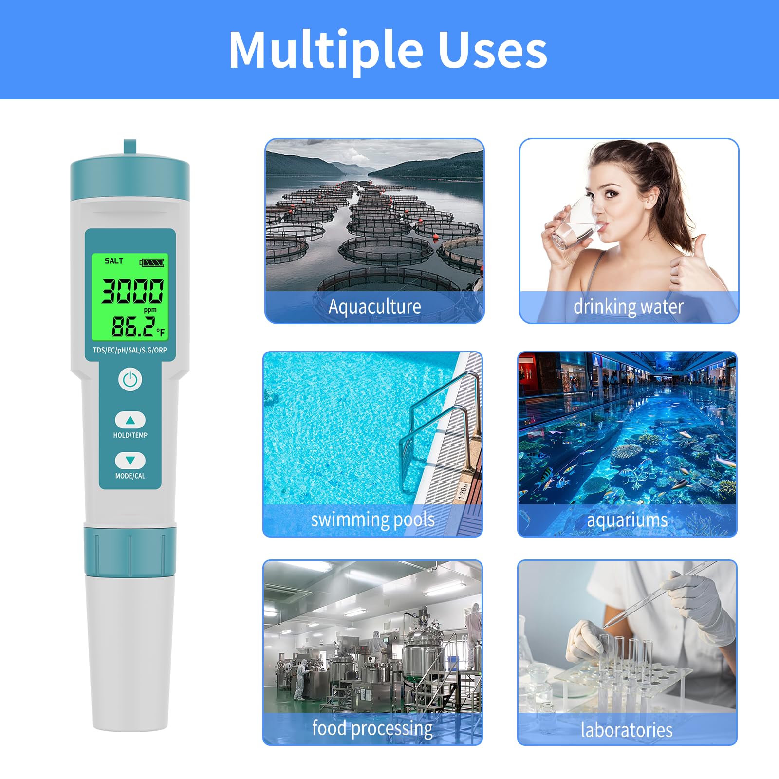 PH Meter TDS Meter 8 in 1 Digital Water Tester Pool Salt Tester Salinity, PH, TDS, EC, ORP, H2 and TDS Meter, PH Meter for Water with LCD Backlit Testing Kits for Swimming Pool,Saltwater, Sea Water