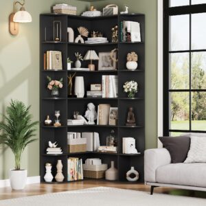 FOTOSOK 74” Tall Corner Bookshelf, 6-Tier Bookshelf and Bookcase with Open Storage, L Shaped Tall Bookcases Wooden Storage Shelves for Home Office, Thickened Boards for Better Load Bearing, Black