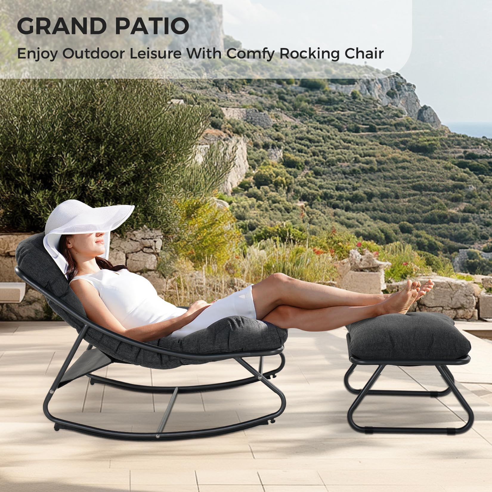 Grand patio Rocking Chair with Foot Stool, Metal Rocking Chair with Cushion and Foot Rest, Comfy Lounge Rocking Chair Outdoor Indoor, Great for Living Room Porch Patio, Dark Gray