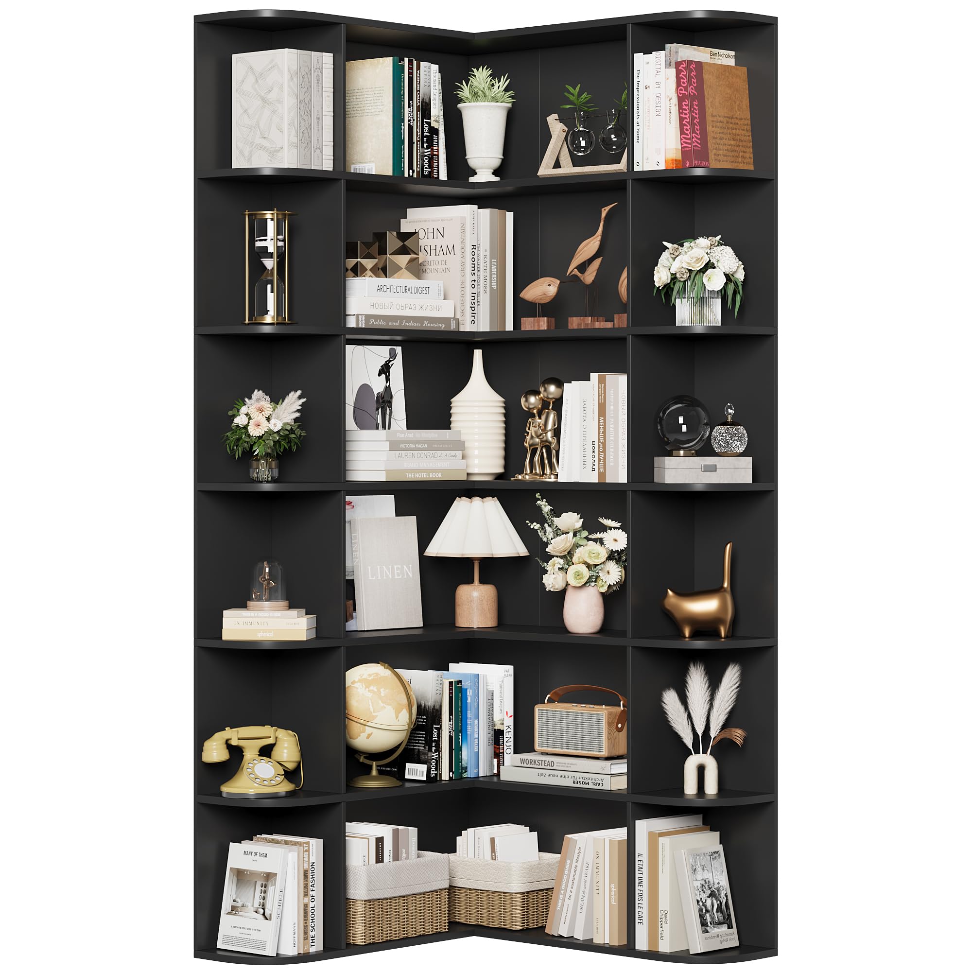 FOTOSOK 74” Tall Corner Bookshelf, 6-Tier Bookshelf and Bookcase with Open Storage, L Shaped Tall Bookcases Wooden Storage Shelves for Home Office, Thickened Boards for Better Load Bearing, Black