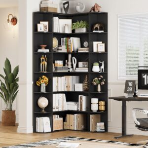 FOTOSOK 74” Tall Corner Bookshelf, 6-Tier Bookshelf and Bookcase with Open Storage, L Shaped Tall Bookcases Wooden Storage Shelves for Home Office, Thickened Boards for Better Load Bearing, Black