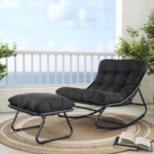 grand patio rocking chair with foot stool, metal rocking chair with cushion and foot rest, comfy lounge rocking chair outdoor indoor, great for living room porch patio, dark gray