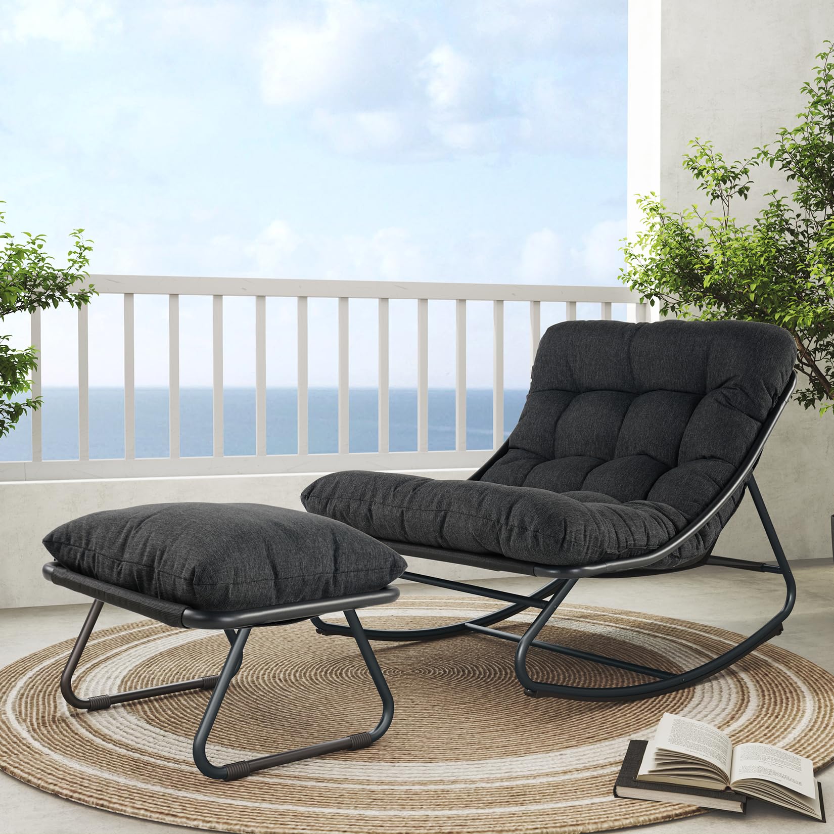 Grand patio Rocking Chair with Foot Stool, Metal Rocking Chair with Cushion and Foot Rest, Comfy Lounge Rocking Chair Outdoor Indoor, Great for Living Room Porch Patio, Dark Gray