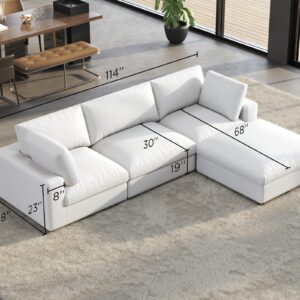 PaPaJet Modular Sectional Sofa, 114 Inches Oversized Down Filled Sectional Sofa, 4 Seats L Shaped Comfy Couch with Chaise, Ottoman, Could Sofa for Living Room, White Linen Couch Set