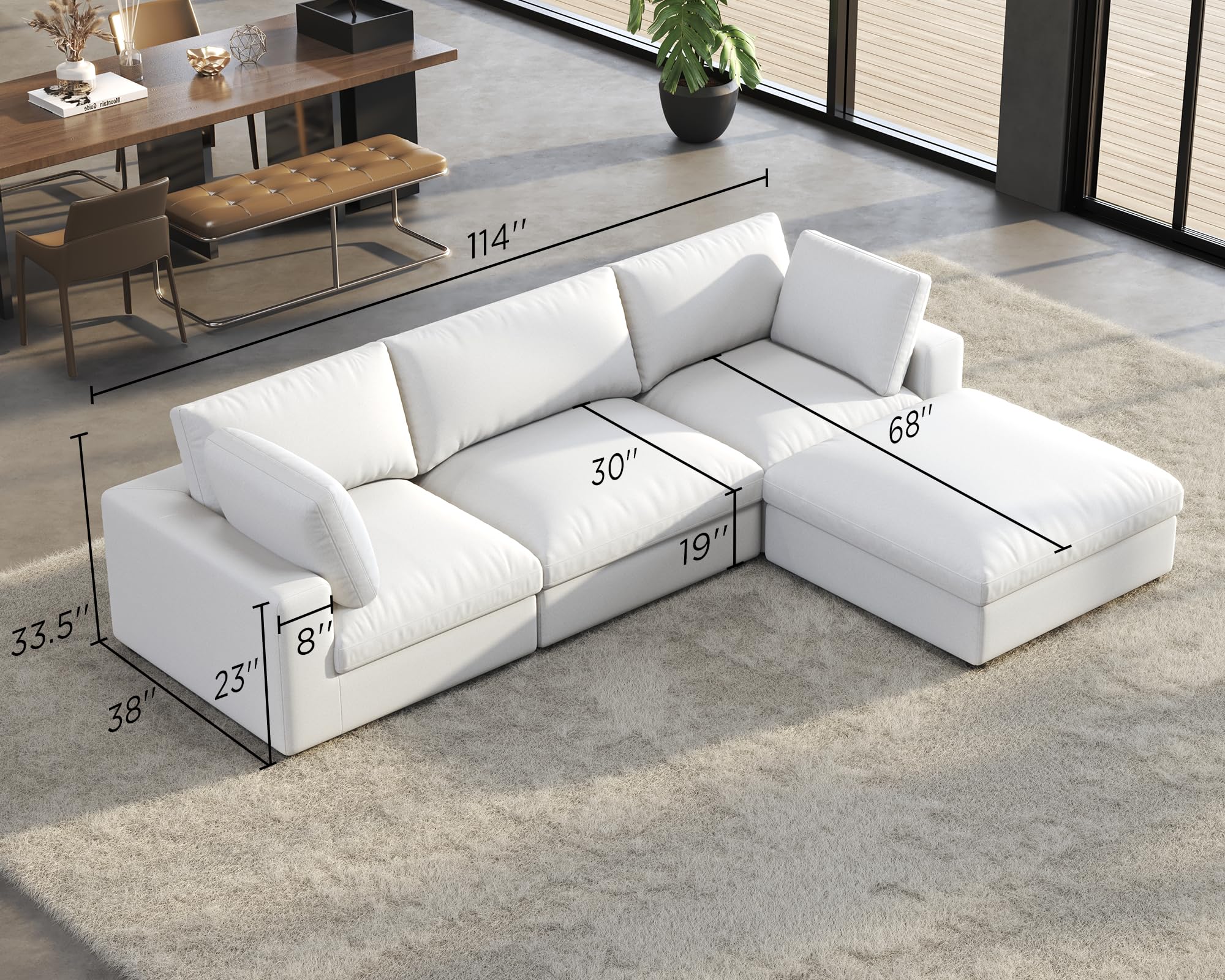 PaPaJet Modular Sectional Sofa, 114 Inches Oversized Down Filled Sectional Sofa, 4 Seats L Shaped Comfy Couch with Chaise, Ottoman, Could Sofa for Living Room, White Linen Couch Set