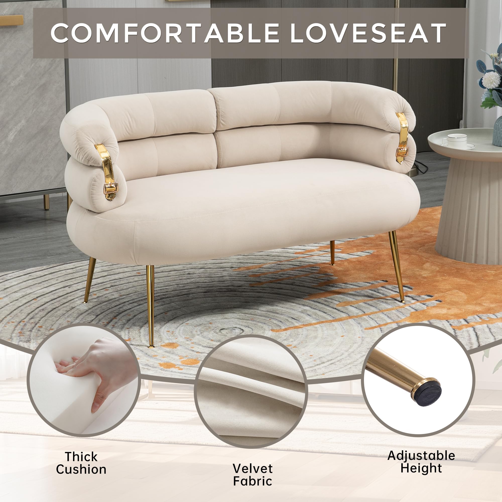 Small Loveseat Sofa, Upholstered Mini Couch with Curved Backrest with Stylish Golden Decor, Small Comfy Love Seat Leisure Accent Couch for Living Room, Bedroom, Office (Beige)