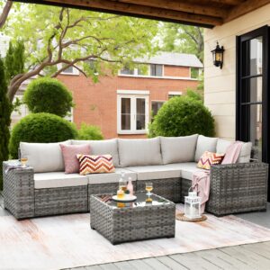 ovios 6 pieces patio furniture set outdoor sectional sofa couch with comfy cushions and deep seat, modern modular wicker rattan conversation set, beige