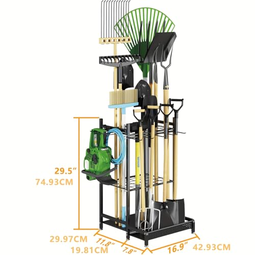 Heavy-Duty Tool Organizer Rack - Spacious Storage for Long-Handled Gardening Tools, Hooks, and Accessories - Durable Metal Construction, Sturdy, Black, Ideal for Garage and Utility Storage